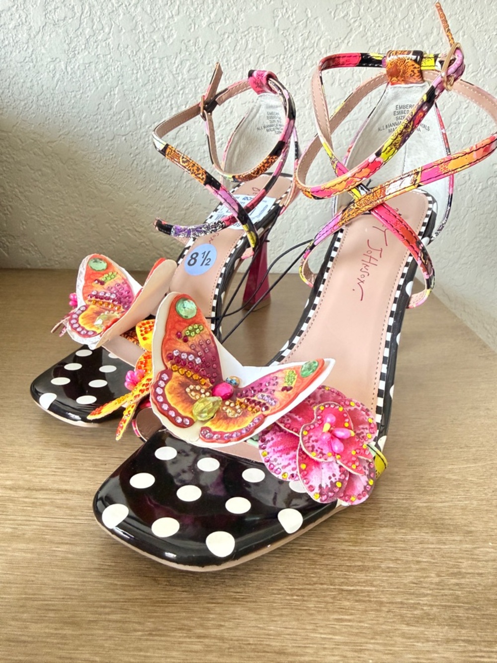 Betsey Johnson Pink Orange Multicolor Butterfly Ankle-Strap Heels